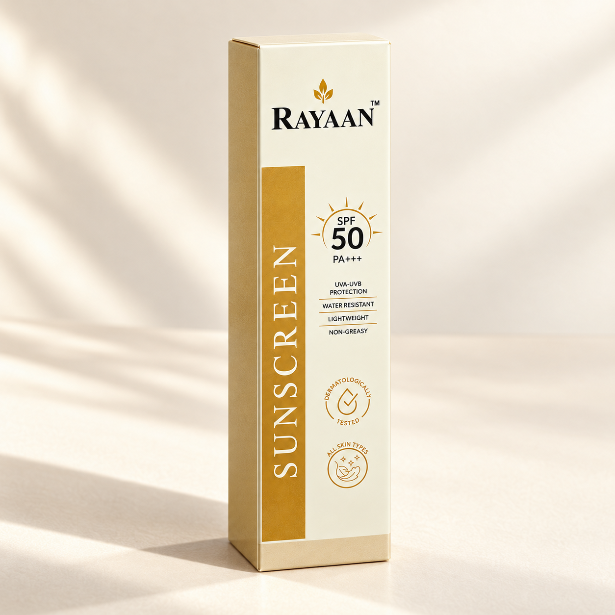 Rayaan Sunscreen SPF 50 PA+++ carton in warm studio lighting