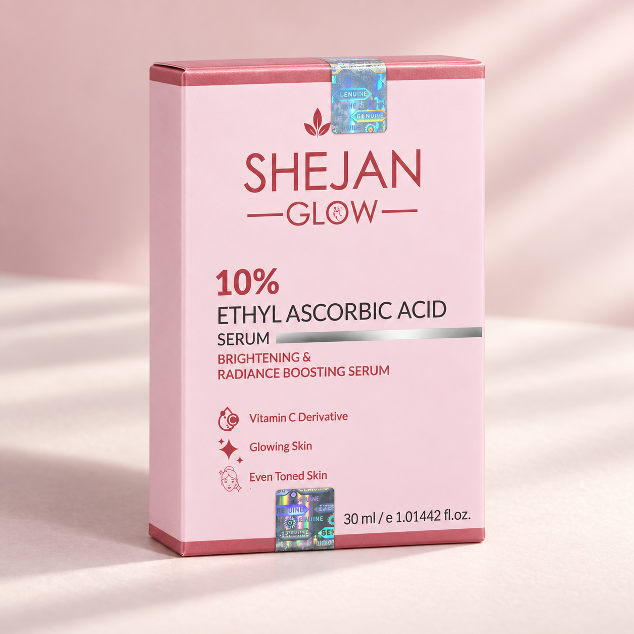 Shejan Glow 10% Ethyl Ascorbic Acid Serum carton in blush studio lighting